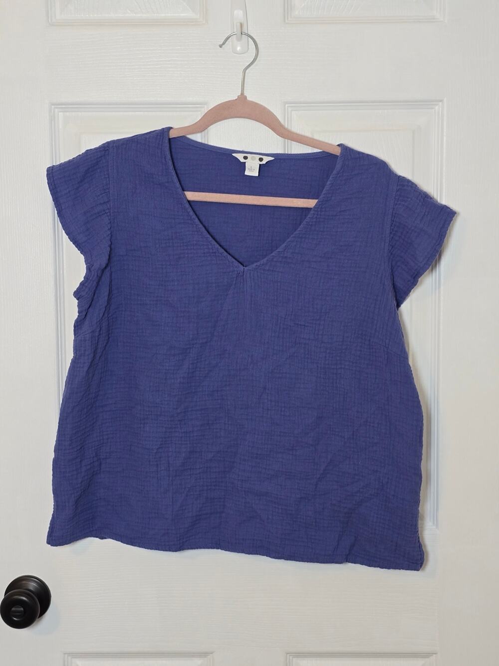 Three Dots Blue Cotton Gauze V Neck Cap Sleeve Blouse Lightweight Summer Top L